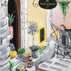 Mediterranean storefront with potted plants and produce