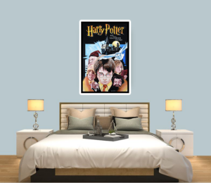 Bedroom with Harry Potter poster above bed