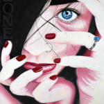 Close-up painting woman blue eye red nails