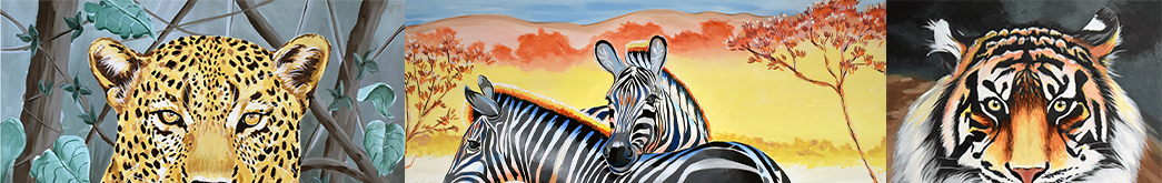Leopard, zebras, tiger colorful wildlife paintings