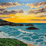 Seascape painting: sunset over rocky coastline