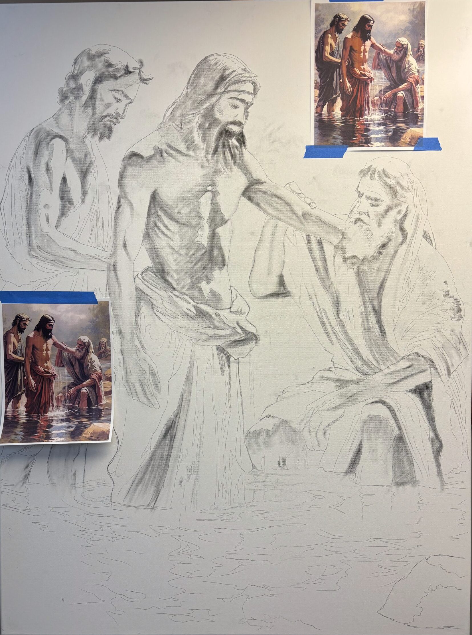 Pencil baptism sketch with three figures